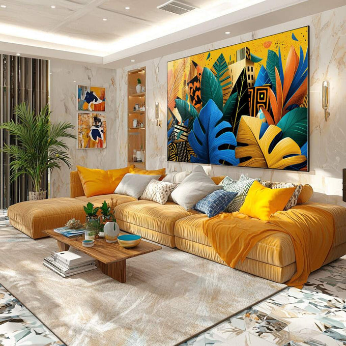 Quadro Decorativo Harmonia Urbana Vibrante | quadros decorativos para sala | Folhas abstratas em azul, amarelo e laranja com elementos de arquitetura em composição vibrante vertical | Porao dos Quadros