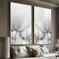 Quadro Decorativo Sinfonia da Natureza: Inspire-se! | quadros decorativos para sala | Dente-de-leão em preto e branco com filamentos delicados em composição panorâmica | Porao dos Quadros