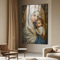 Nossa Senhora de manto bege abraçando o Menino Jesus com halo dourado, quadro decorativo