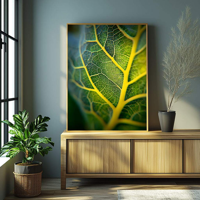 Quadro Decorativo Folha Verde Inspiração | quadros decorativos para sala | Folha verde e amarela com nervuras iluminadas em detalhe macro fotográfico. | Porao dos Quadros