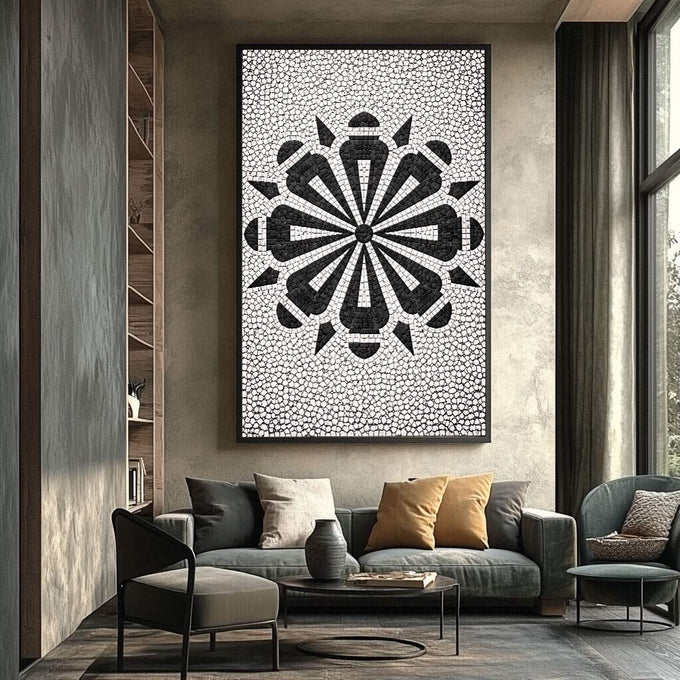 Quadro Decorativo Geométrico Preto e Branco | quadros decorativos para sala | Mandala geométrica em preto e branco com triângulos e padrão circular texturizado | Porao dos Quadros