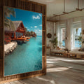 Quadro Decorativo Tropical Sereno | quadros decorativos para sala | Cabanas vermelhas em lagoa turquesa cristalina com céu azul tropical vibrante | Porao dos Quadros