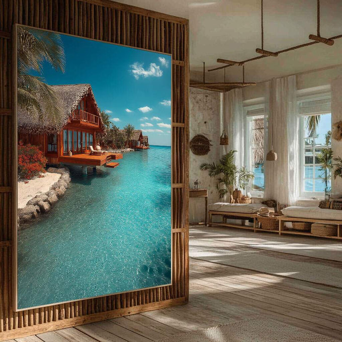 Quadro Decorativo Tropical Sereno | quadros decorativos para sala | Cabanas vermelhas em lagoa turquesa cristalina com céu azul tropical vibrante | Porao dos Quadros