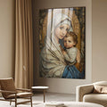 Quadro Decorativo Amor Eterno e Sofisticado | quadros decorativos para sala | Madona com Menino Jesus em tons bege e dourado com halo decorativo. | Porao dos Quadros