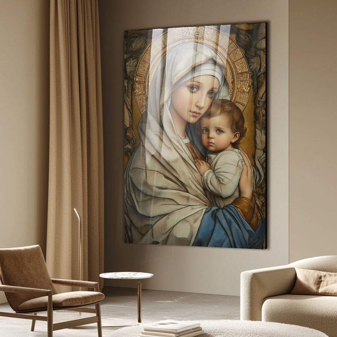 Quadro Decorativo Amor Eterno e Sofisticado | quadros decorativos para sala | Madona com Menino Jesus em tons bege e dourado com halo decorativo. | Porao dos Quadros