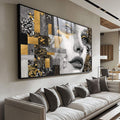 Quadro Decorativo Elegância Contemporânea | quadros decorativos para sala | Rosto feminino em preto e branco com padrões geométricos dourados e abstratos ao redor em composição mista. | Porao dos Quadros