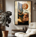 Quadro Decorativo Harmonia Natural Moderna | quadros decorativos para sala | Plantas geométricas em laranja e preto com sol e formas abstratas em composição vertical | Porao dos Quadros
