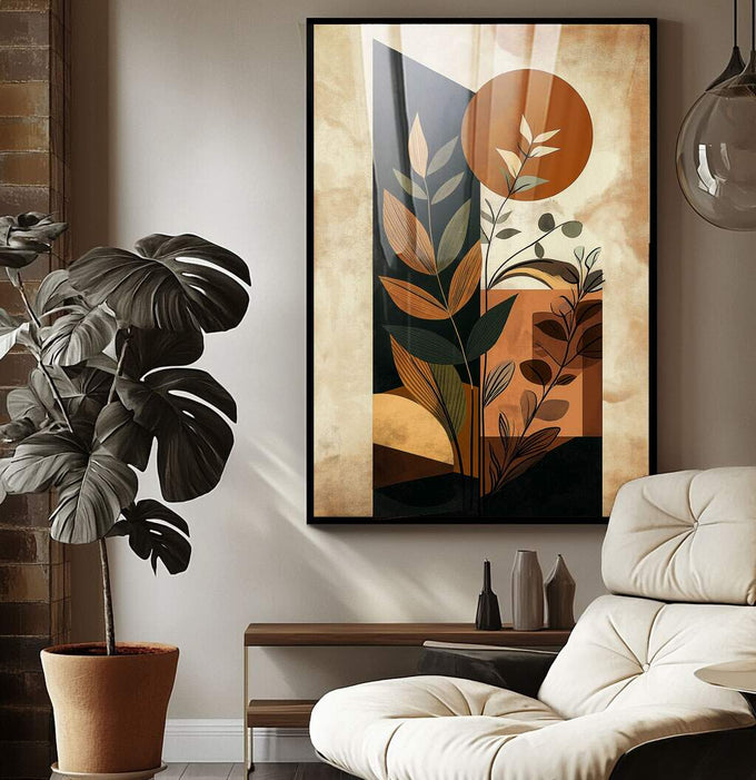 Quadro Decorativo Harmonia Natural Moderna | quadros decorativos para sala | Plantas geométricas em laranja e preto com sol e formas abstratas em composição vertical | Porao dos Quadros