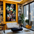 Elegância e Riqueza: Quadro do Pato Luxuoso | quadros decorativos para sala | Pato colorido com chapéu neon, dinheiro nas asas e sapatos estilosos sobre fundo preto | Porao dos Quadros
