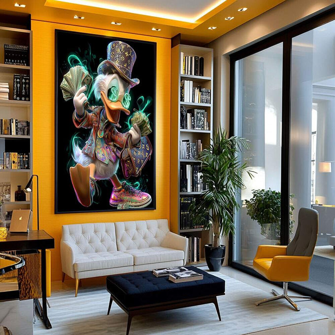 Elegância e Riqueza: Quadro do Pato Luxuoso | quadros decorativos para sala | Pato colorido com chapéu neon, dinheiro nas asas e sapatos estilosos sobre fundo preto | Porao dos Quadros