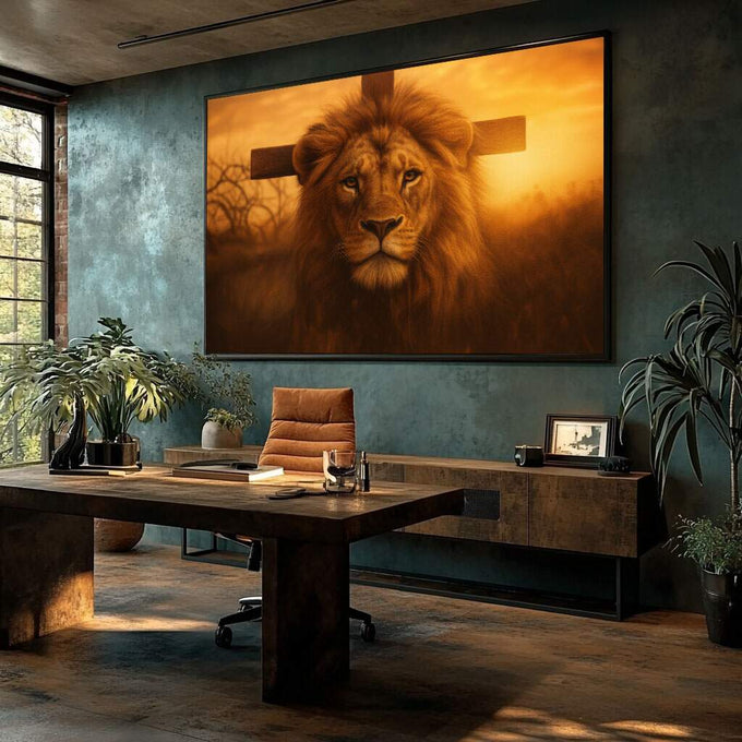 Quadro Decorativo Leão Majestoso | quadros decorativos para sala | Leão dourado majestoso com cruz ao fundo em pôr do sol quente. | Porao dos Quadros
