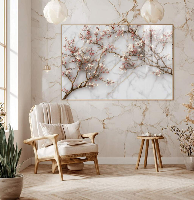 Quadro Decorativo - Elegância Floral em Mármore | quadros decorativos para sala | Ramos de cerejeira em flor rosa e branca sobre fundo de mármore em tons bege e cinza | Porao dos Quadros