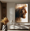 Quadro Decorativo Serenidade e Fé | quadros decorativos para sala | Cristo com coroa de espinhos em perfil com montanhas douradas e cruzes em composição espiritual contemplativa. | Porao dos Quadros
