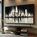 Quadro Decorativo Urbano Moderna | quadros decorativos para sala | Skyline urbano em preto e branco com reflexo simétrico em água, técnica pontilhista | Porao dos Quadros