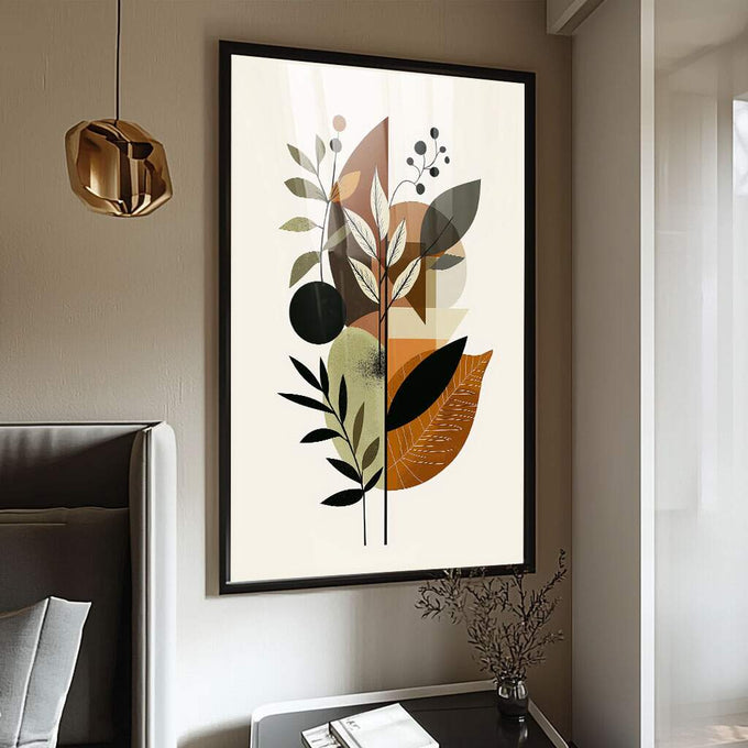 Quadro Decorativo Botânico com Toque Minimalista | quadros decorativos para sala | Composição floral abstrata com folhas em tons bege, marrom e preto formando arranjo vertical sofisticado | Porao dos Quadros