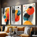 Energia Abstrata: Quadro Decorativo em Painéis de Cores Vibrantes | quadros decorativos para sala | Triptco abstrato com círculos vibrantes em vermelho, azul e preto com linhas verticais | Porao dos Quadros