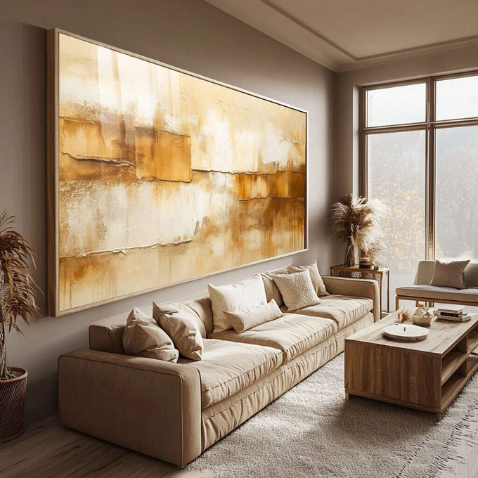 Quadro Decorativo Serenidade Abstrata | quadros decorativos para sala | Composição abstrata em tons dourado e bege com texturas em camadas fluidas e blocos geométricos. | Porao dos Quadros