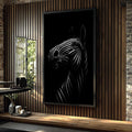 Quadro Decorativo Cavalo Moderno em Preto e Branco | quadros decorativos para sala | Cavalo em lineart branco dinâmico com detalhes musculares em fundo preto sólido. | Porao dos Quadros