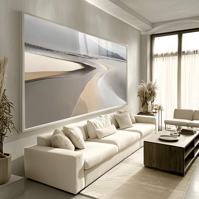 Quadro Decorativo Serenidade de Areia | quadros decorativos para sala | Paisagem abstrata com formas fluidas em tons de bege, cinza e branco com perspectiva serena. | Porao dos Quadros