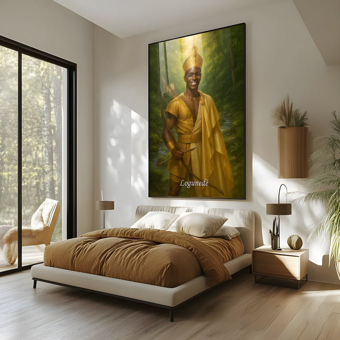 Orixá Logunedé sorridente com coroa e traje dourados, arco e flechas em floresta verde, quadro decorativo