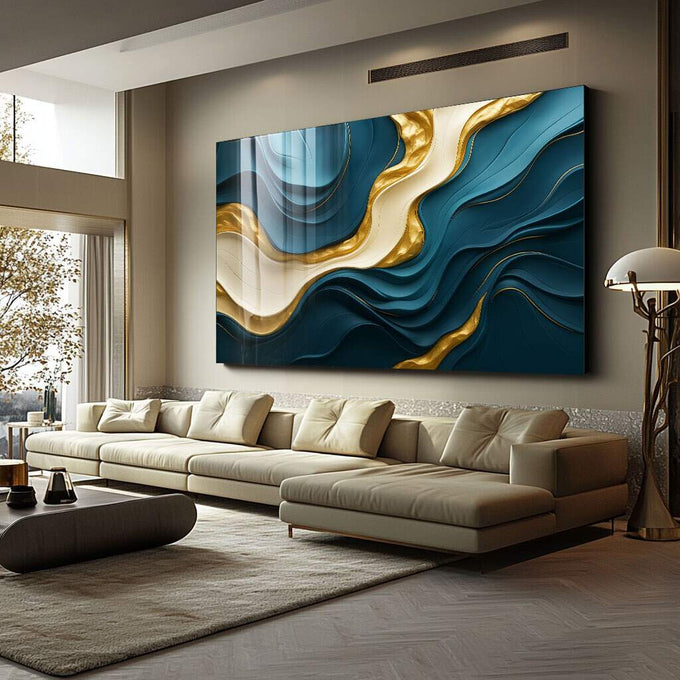 Quadro Decorativo Azul Abstrato Elegante | quadros decorativos para sala | Ondas abstratas em azul profundo e dourado fluindo em composição dinâmica | Porao dos Quadros