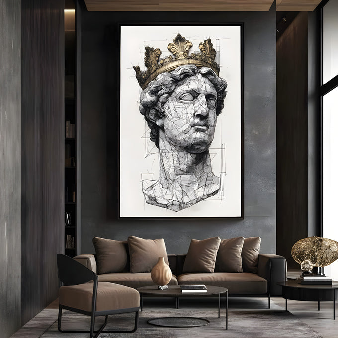 Busto de estátua grega em esboço preto e branco com linhas geométricas e coroa dourada, quadro decorativo