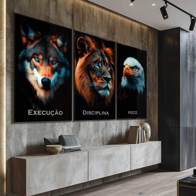 Quadro Decorativo Trio Inspirador Execução, Foco e Disciplina | quadros decorativos para sala | Tríptico com lobo, leão e águia em preto e laranja com olhos azuis vibrantes | Porao dos Quadros