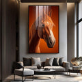 Quadro Decorativo Cavalo em Cores Vibrantes | quadros decorativos para sala | Cavalo marrom em retrato fotográfico com fundo laranja intenso e olhar direto | Porao dos Quadros