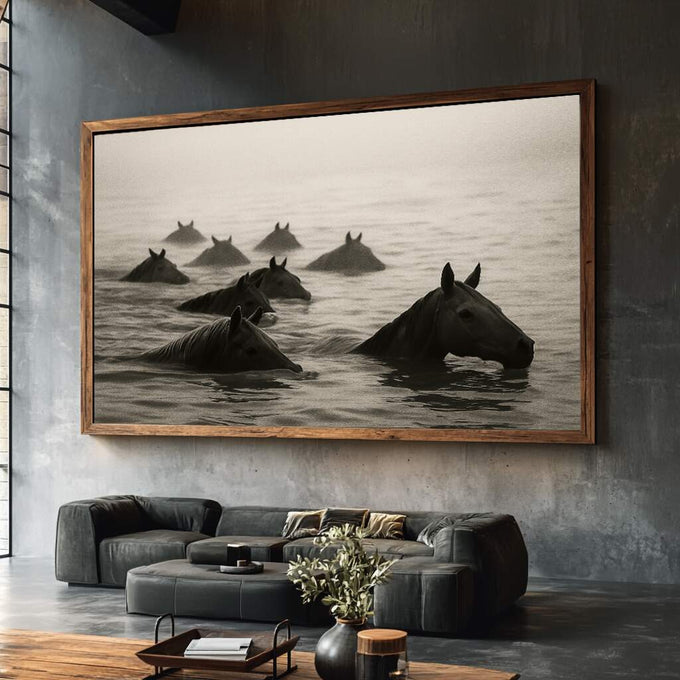 Quadro Decorativo Cavalos no rio | quadros decorativos para sala | Cavalos imersos em água cinzenta com composição harmoniosa e luz difusa | Porao dos Quadros
