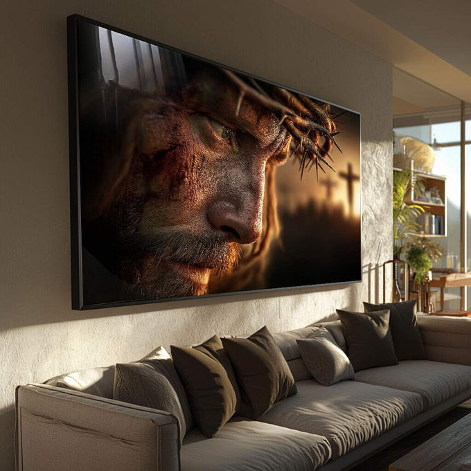 Quadro Decorativo Expressão de Luta | quadros decorativos para sala | Figura religiosa em tons dourados e marrom com expressão serena sobre fundo escuro iluminado. | Porao dos Quadros