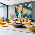 Quadro Decorativo Pincelada - Harmonia de Cores em Verde, Rosa e Amarelo | quadros decorativos para sala | Dois quadros abstratos com pinceladas geométricas em verde, rosa, amarelo e branco em composição dinâmica | Porao dos Quadros