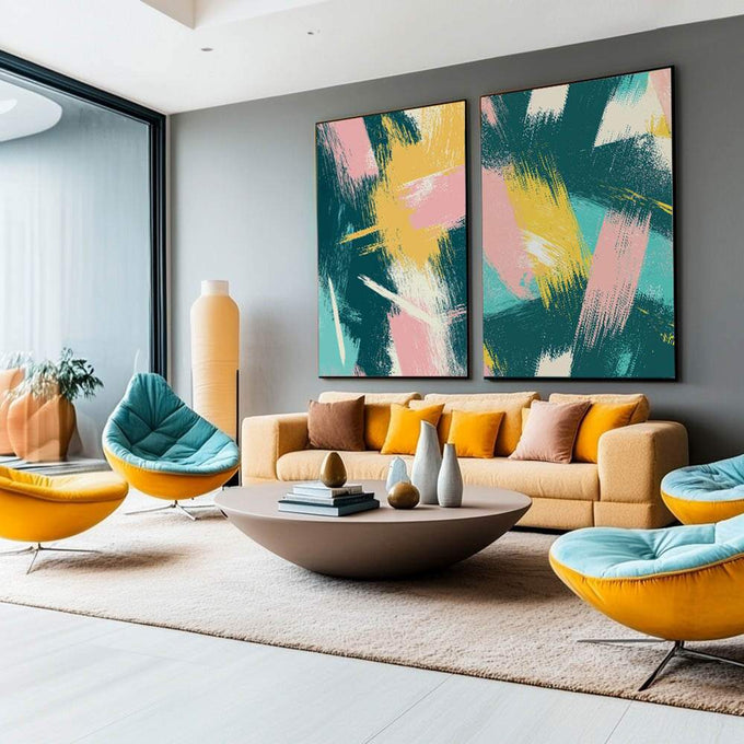 Quadro Decorativo Pincelada - Harmonia de Cores em Verde, Rosa e Amarelo | quadros decorativos para sala | Dois quadros abstratos com pinceladas geométricas em verde, rosa, amarelo e branco em composição dinâmica | Porao dos Quadros