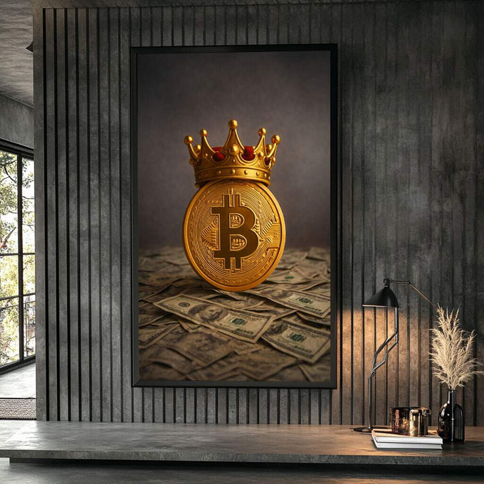 Quadro Decorativo Bitcoin: Poder e Luxo | quadros decorativos para sala | Bitcoin dourado coroado repousa sobre notas de dólar em composição luxuosa com iluminação dramatizada | Porao dos Quadros