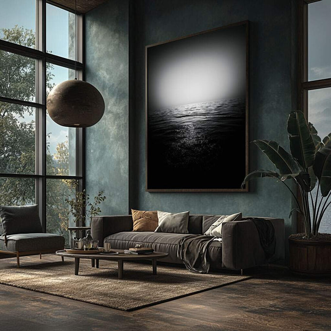 Quadro Decorativo Serenidade em Preto e Branco | quadros decorativos para sala | Horizonte lunar com reflexo em águas calmas em composição minimalista preto e branco | Porao dos Quadros