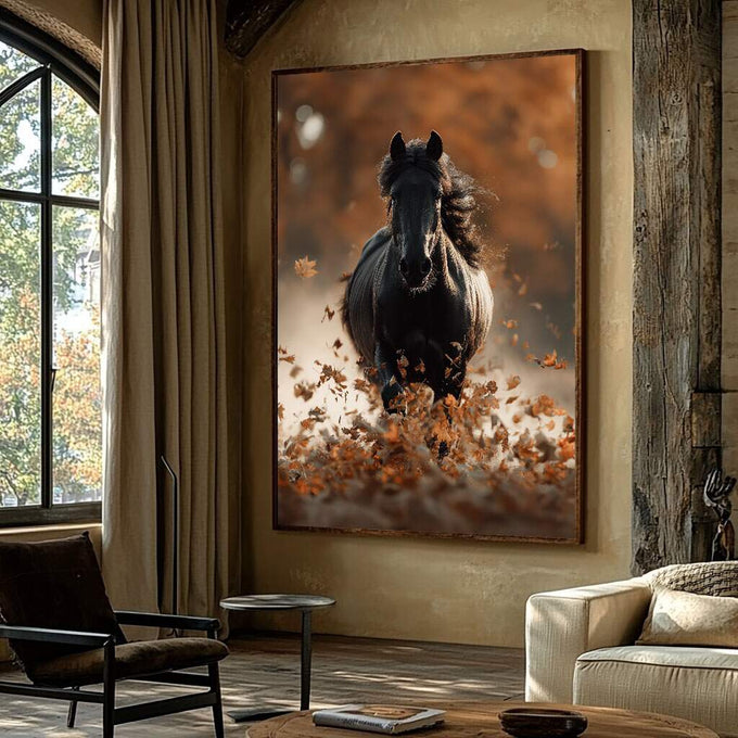 Quadro Decorativo Cavalo em Movimento | quadros decorativos para sala | Cavalo preto majestoso em movimento com folhas secas douradas ao redor sob luz quente | Porao dos Quadros