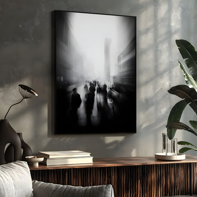 Rua de cidade em preto e branco com pedestres desfocados em movimento e arranha-céus, quadro decorativo