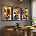 Quadro Decorativo Abstrato Orgânico em 3 Peças | quadros decorativos para sala | Sementes e formas orgânicas em azul, laranja e bege flutuando em composição abstrata | Porao dos Quadros