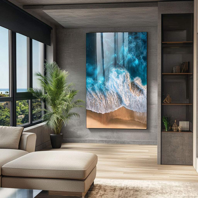 Quadro Decorativo Praia Serene | quadros decorativos para sala | Ondas do mar quebrando na areia em tons azuis turquesas e bege claro, vista aérea. | Porao dos Quadros