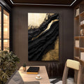 Quadro Decorativo Luxo Ouro e Preto Moderno | quadros decorativos para sala | Composição abstrata com fluxos de preto e dourado em texturas dinâmicas e gestuais | Porao dos Quadros