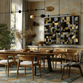 Mosaico abstrato geométrico com círculos e quadrados dourados, pretos e cinza em 2 telas, quadro decorativo