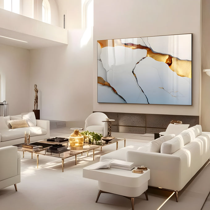Mármore branco com leve tom azulado e rachaduras preenchidas por veios de ouro, quadro decorativo