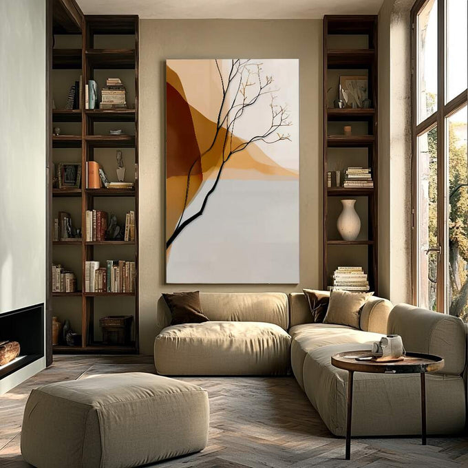 Quadro Decorativo Serenidade em Tons de Terra | quadros decorativos para sala | Galho seco sinuoso com formas geométricas abstratas em tons bege, ocre e terracota | Porao dos Quadros