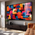 Quadro Decorativo Abstrato Vibrante | quadros decorativos para sala | Composição geométrica abstrata com cúpulas e semicírculos em laranja, azul, vermelho e rosa vibrantes sobre fundo preto. | Porao dos Quadros