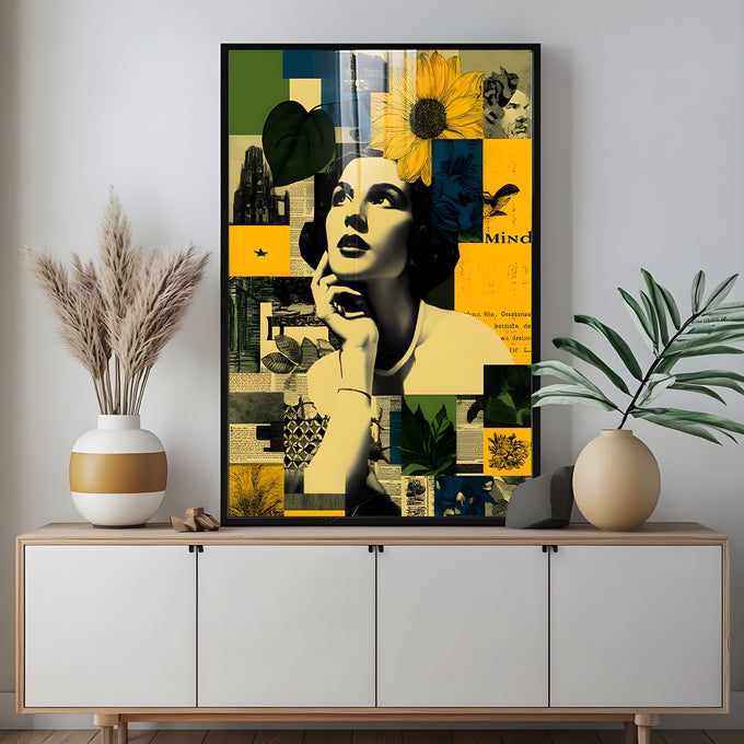 Mulher retrô em preto e branco pensativa, colagem com girassol e blocos amarelos e azuis, quadro decorativo