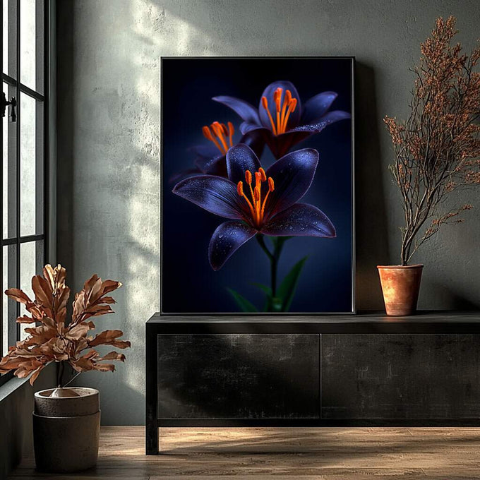 Quadro Decorativo Lírios em Harmonia | quadros decorativos para sala | Três flores com pétalas azuis profundas e miolo laranja vibrante sobre fundo preto | Porao dos Quadros