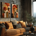 Quadro Decorativo Harmonia Acolhedora | quadros decorativos para sala | Dois quadros com formas geométricas abstratas em laranja, bege e marrom com círculos e arcos. | Porao dos Quadros