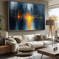 Quadro Decorativo Dualidade Urbana Abstrata | quadros decorativos para sala | Cidade abstrata em azul profundo com explosão de luz dourada no centro, composição vertical. | Porao dos Quadros