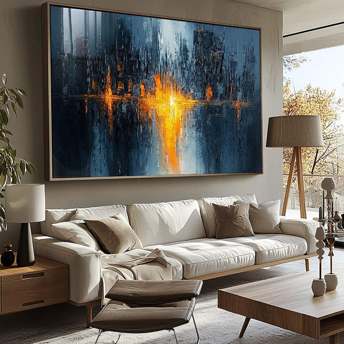 Quadro Decorativo Dualidade Urbana Abstrata | quadros decorativos para sala | Cidade abstrata em azul profundo com explosão de luz dourada no centro, composição vertical. | Porao dos Quadros