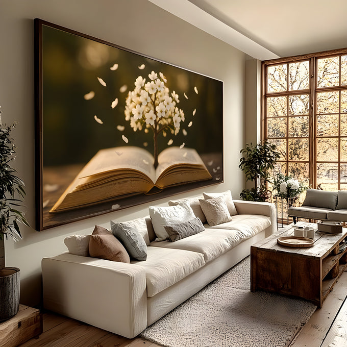 Pequena árvore de flores brancas brotando de livro aberto com pétalas ao vento, quadro decorativo