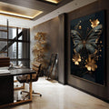 Quadro Decorativo Beldade da Borboleta Abstrata | quadros decorativos para sala | Borboleta azul e negra com flores douradas em fundo preto sofisticado | Porao dos Quadros